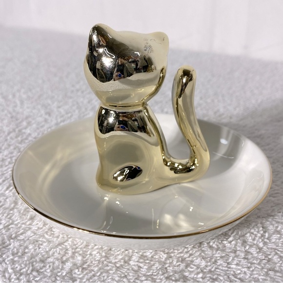 Ceramic Gold Tone Cat Ring Holder Dish - Picture 2 of 9
